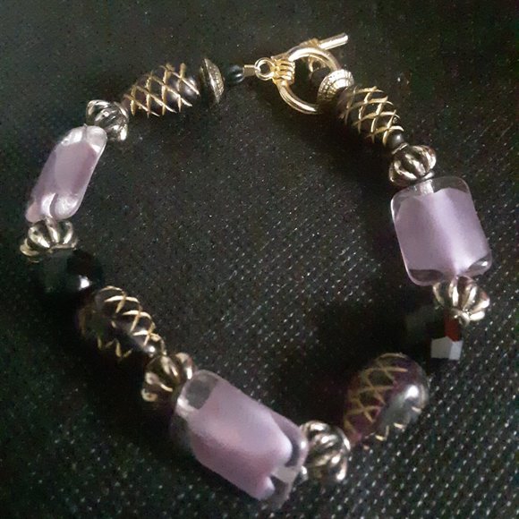 Purple Glass Black Silver Tone Beads Toggle Bracelet - Picture 2 of 9